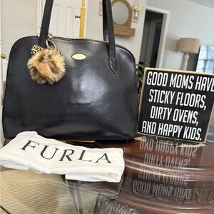 Furla Black vintage Leather Shoulder Bag with Fur Charm and dust bag